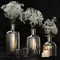 Modern Decorative Ornament Set With Silver Vases White Flowers Metal Cups And Candle