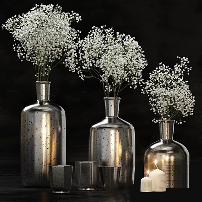 Modern Decorative Ornament Set With Silver Vases White Flowers Metal Cups And Candle 3d model