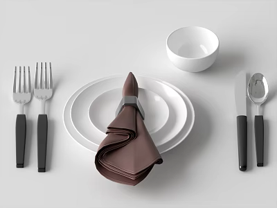 Elegant Tableware Set With Plates Bowl Napkin And Black Handled Utensils 3d model