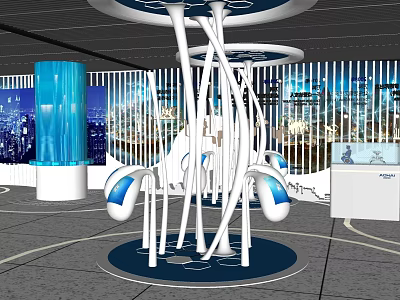 Modern Exhibition Space With White Sculptural Installation And Blue Accents 3d model