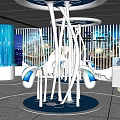Modern Exhibition Space With White Sculptural Installation And Blue Accents