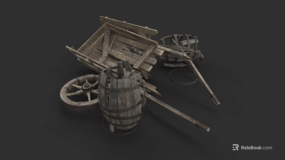 Traditional Hand Carved Wooden Sculpture With Old Cart Barrel And Wheels 3d model 