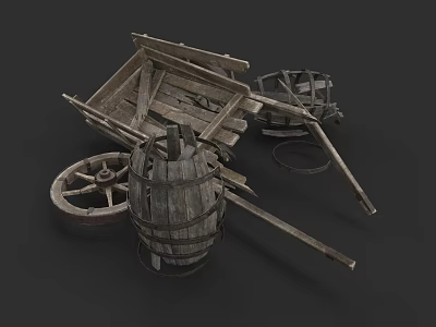 Traditional Hand Carved Wooden Sculpture With Old Cart Barrel And Wheels 3d model