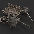 Traditional Hand Carved Wooden Sculpture With Old Cart Barrel And Wheels