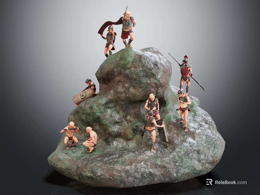 Roman Soldiers and Small Humanoid Figures on Rocky Mountain Sculpture with Dynamic Poses 3d model 