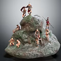 Roman Soldiers and Small Humanoid Figures on Rocky Mountain Sculpture with Dynamic Poses