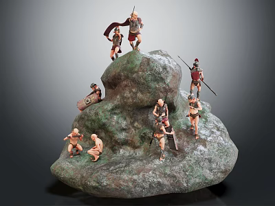 Roman Soldiers and Small Humanoid Figures on Rocky Mountain Sculpture with Dynamic Poses 3d model