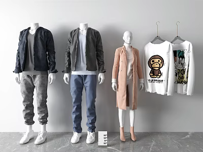 Mannequins Displaying Stylish Outfits With Black Gray Jackets Blue Jeans Pink Coat And White Tshirts 3d model