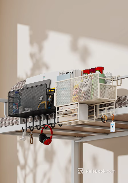 Upper Bunk Bed Storage Baskets Organizing Dormitory Daily Necessities with Laptop Stationery Snacks and Books 3d model 