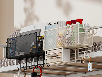 Upper Bunk Bed Storage Baskets Organizing Dormitory Daily Necessities with Laptop Stationery Snacks and Books 3d model