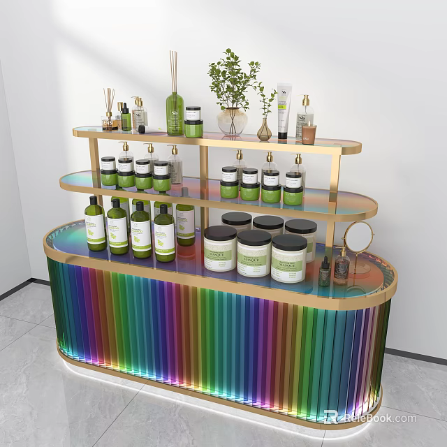 Colorful Multi Tiered Display Shelf With Skincare Jars Bottles Green Plants And Mirror Lighting 3d model 
