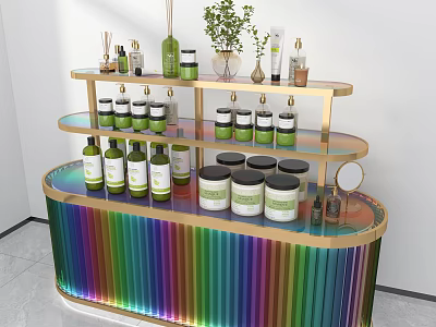 Colorful Multi Tiered Display Shelf With Skincare Jars Bottles Green Plants And Mirror Lighting 3d model