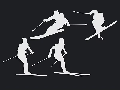 Skier Silhouettes Performing Various Skiing Actions With Poles And Skis 3d model