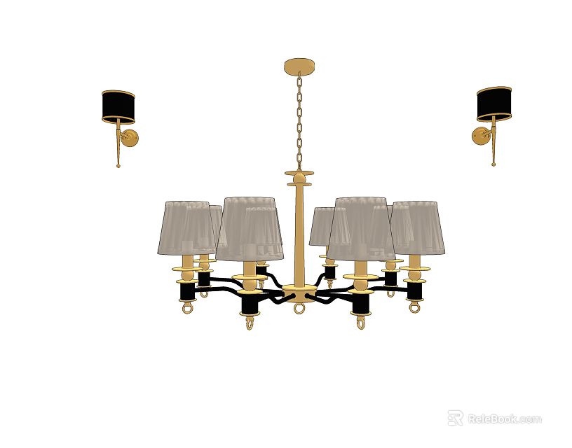 Modern Lighting Combination Featuring Four Light Chandelier And Two Black Wall Sconces With Fabric Shades 3d model 