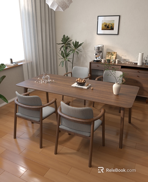Modern Restaurant Dining Area With Wooden Table Gray Chairs Plants Coffee Machine And Cabinets 3d model 