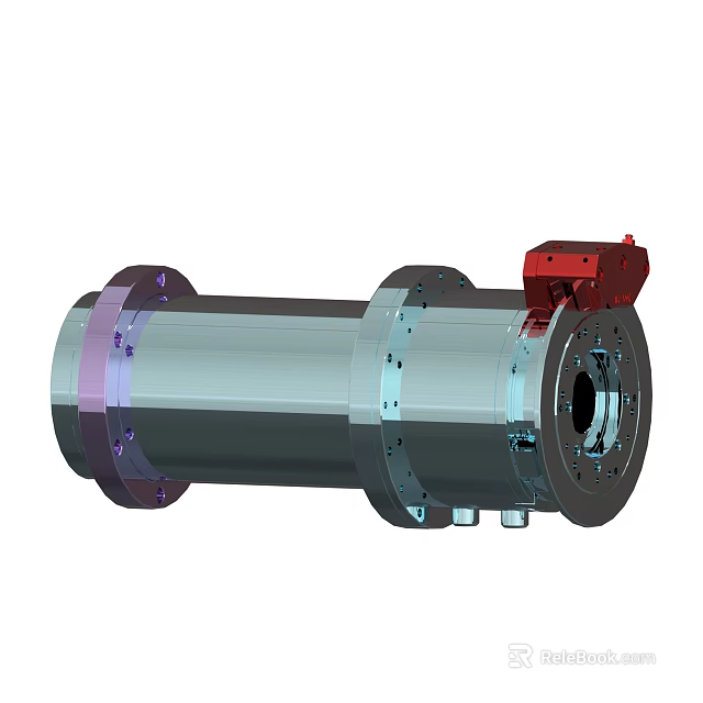 Industrial Metal Cylindrical Component With Red Control Part Flange Connections and Bolts 3d model 
