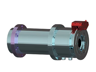 Industrial Metal Cylindrical Component With Red Control Part Flange Connections and Bolts 3d model