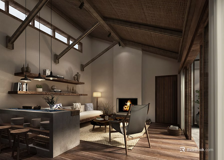 Natural Style Living Room With Wooden Rafter Ceiling Skylights Fireplace Sofa And Armchair 3d model 