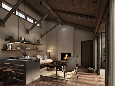 Natural Style Living Room With Wooden Rafter Ceiling Skylights Fireplace Sofa And Armchair 3d model