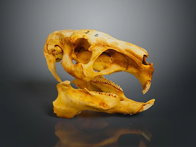 Detailed Animal Skull With Natural Brownish Texture On Dark Reflective Surface 3d model