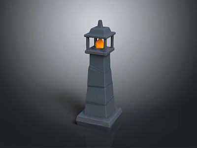 Gray Stone Lighthouse Scene Component With Lit Orange Lantern On Top 3d model