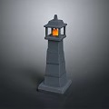 Gray Stone Lighthouse Scene Component With Lit Orange Lantern On Top