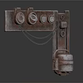 Rusty Metal Equipment with Round Knobs and Hanging Cables and Attached Metal Container