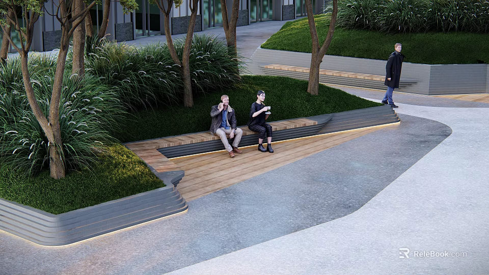 Modern Wooden Outdoor Bench In Urban Park With Greenery And People Sitting 3d model 