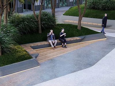 Modern Wooden Outdoor Bench In Urban Park With Greenery And People Sitting 3d model