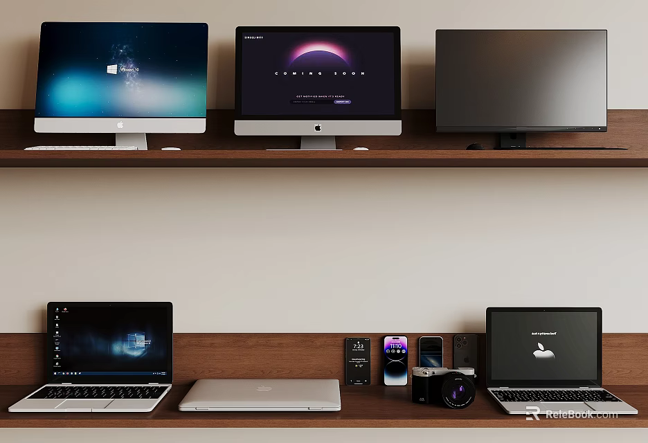 Multiple Laptops And Monitors Setup With Tech Accessories On Wooden Shelves 3d model 