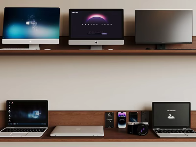 Multiple Laptops And Monitors Setup With Tech Accessories On Wooden Shelves 3d model