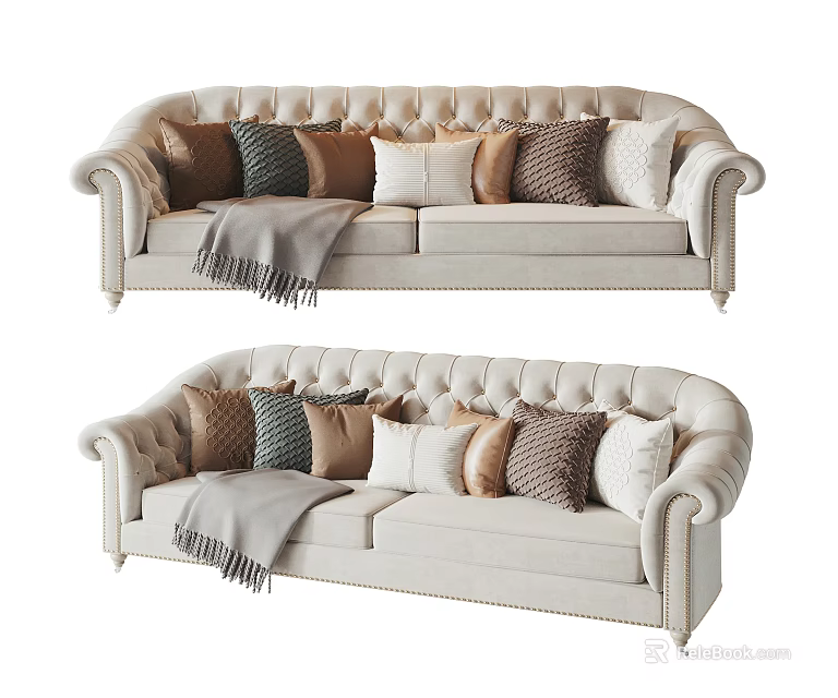 Beige Tufted Two Seater Sofa With Various Colored Cushions Gray Throw Blanket And White Legs 3d model 