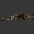 Modern Rustic Scene With Traditional Farm Tools Hay Storage Racks And Clay Pots