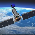 Satellite With Solar Panels And Antenna Dish Orbiting Earth In Blue Space Background
