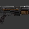 Vintage Sci Fi Weapon Featuring Metallic Body Wooden Stripes Ammo Magazine and Mechanical Design