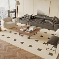 Middle Ancient Style Sofa Coffee Table Combination Single-Person Sofa Leather Three-Person Sofa Floor Lamp Hanging Picture Side Table 3d model