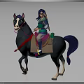 Female Character With Blue Hair In Green Outfit Riding Black Horse With White Facial Markings