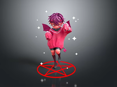 Purple Hair Character With Glasses Pink Sweater Red Wings Boxing Gloves On Pentagram Stars 3d model