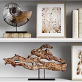 Decorative Ornaments Set With Wooden Sculptures Shell Display Framed Art And Books On Shelf