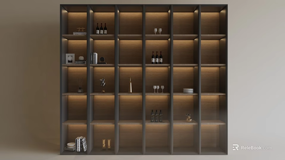 Modern Wine Cabinet Interior With Glass Shelves LED Lighting Bottles And Glassware 3d model 