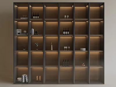 Modern Wine Cabinet Interior With Glass Shelves LED Lighting Bottles And Glassware 3d model