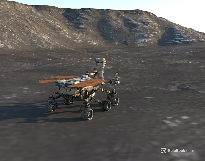 Mars Rover Exploring Barren Martian Surface With Rocky Mountainous Terrain 3d model