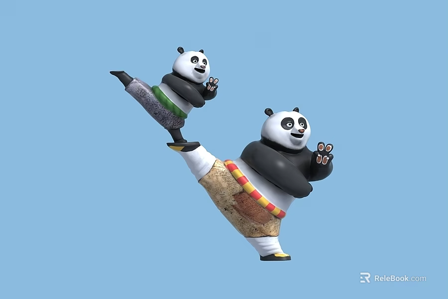 Cute Animated Pandas Performing Martial Arts Moves On Blue Background 3d model 
