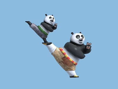 Cute Animated Pandas Performing Martial Arts Moves On Blue Background 3d model