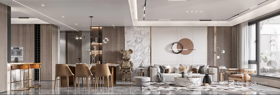 Elegant Modern Living Dining Room Interior With Marble Wall Sofa Dining Chairs And Decorative Bear Statue 3d model 