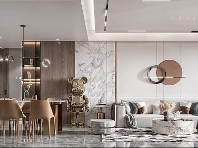 Elegant Modern Living Dining Room Interior With Marble Wall Sofa Dining Chairs And Decorative Bear Statue 3d model