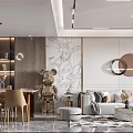 Elegant Modern Living Dining Room Interior With Marble Wall Sofa Dining Chairs And Decorative Bear Statue