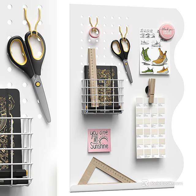Organized Craft Supplies in Wire Basket with Scissors Ruler Notes and Color Swatches 3d model 