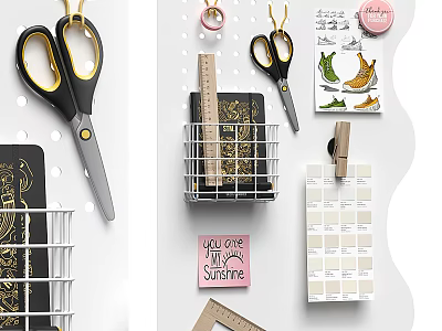 Organized Craft Supplies in Wire Basket with Scissors Ruler Notes and Color Swatches 3d model