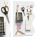 Organized Craft Supplies in Wire Basket with Scissors Ruler Notes and Color Swatches